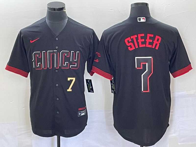 Men's Cincinnati Reds #7 Spencer Steer Numer Black 2023 City Connect Cool Base Stitched Baseball Jersey 2,We sell and wholesale Men's Cincinnati Reds #7 Spencer Steer Numer Black 2023 City Connect Cool Base Stitched Baseball Jersey 2 on line form chian!